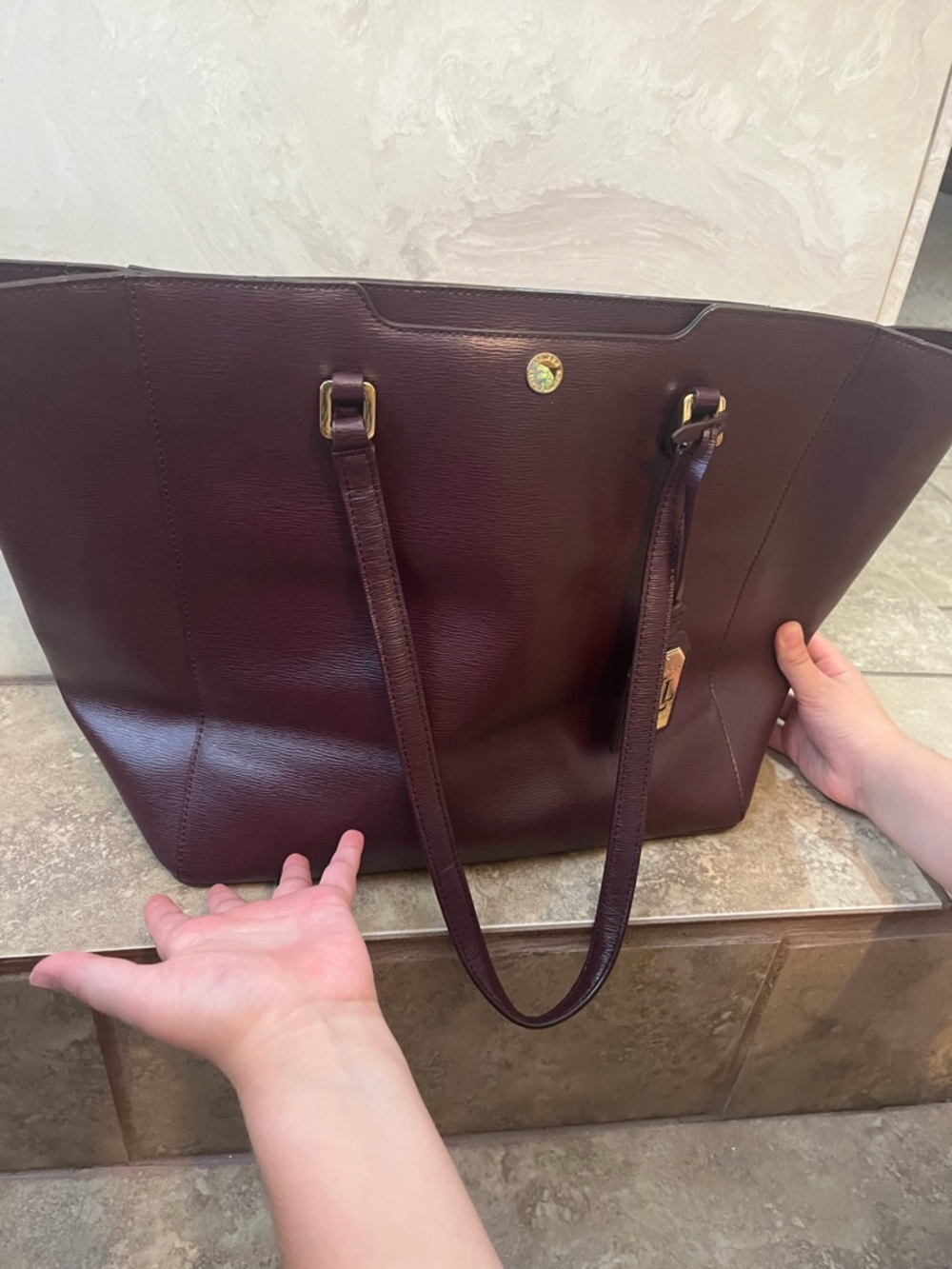 Ralph Lauren Burgundy Leather Tote with Gold Hardware